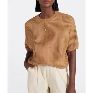 Stitches + Stripes Camel Ribbed Short Sleeve Knit Sweater Top Pullover Women’s S